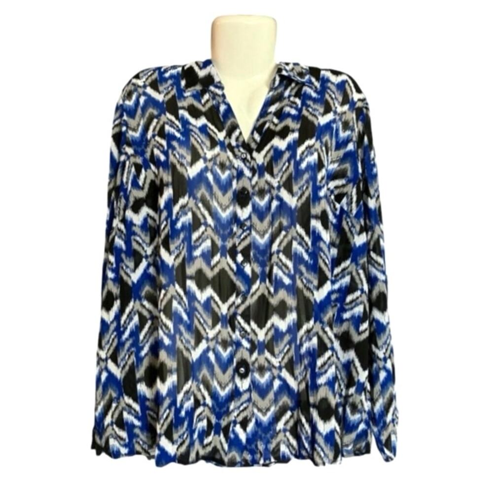 Lane Bryant Black/ Blue Flowy Semi-Sheer Pleated Button Front Blouse Size 14/16